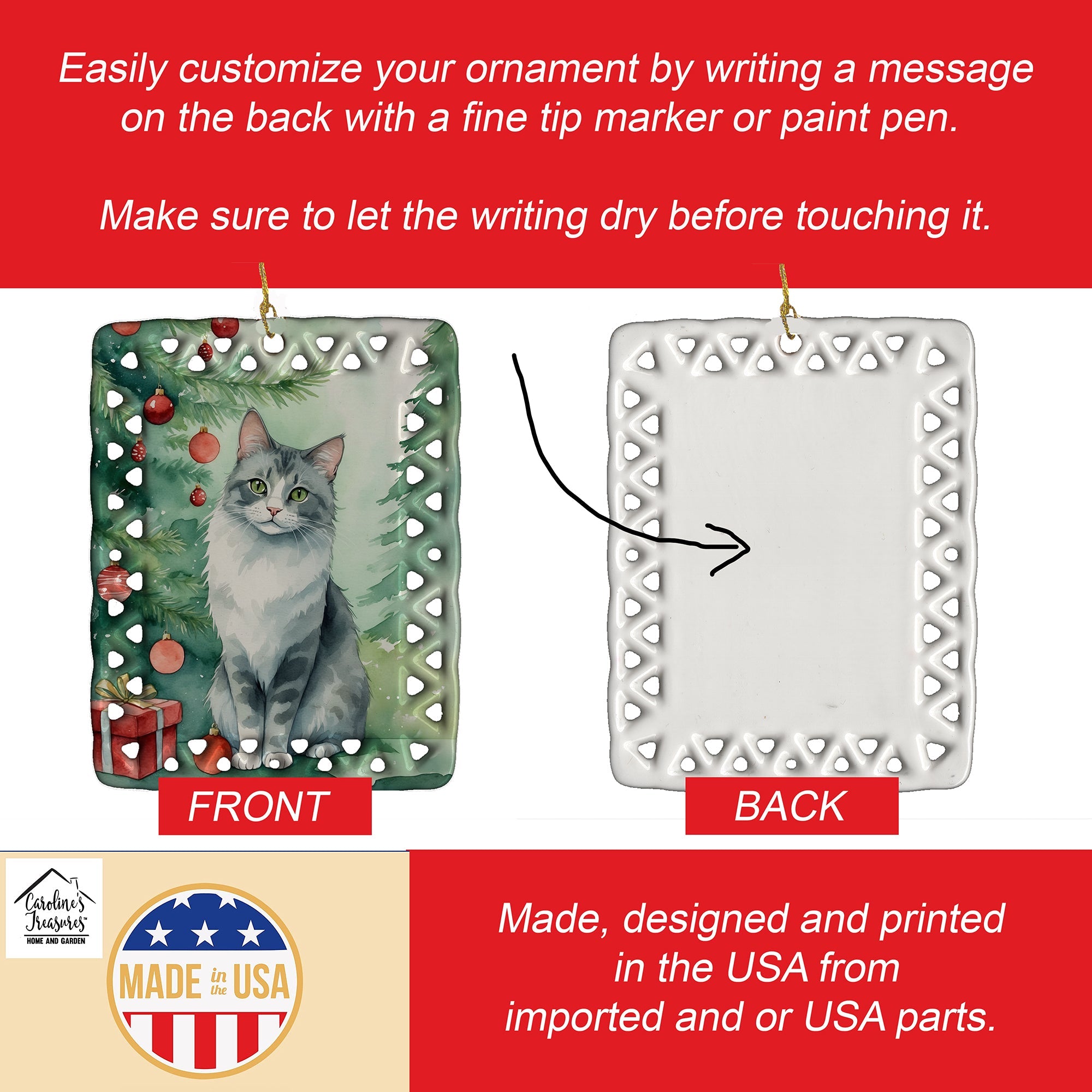 Australian Mist Cat By the Christmas Tree Porcelain Ornament Christmas Tree Hanging Decorations for Home Christmas Holiday, Rectangle, Gift, Multicolor