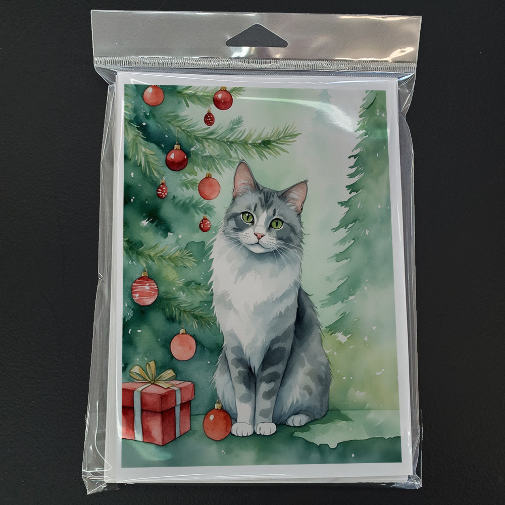 Australian Mist Cat By the Christmas Tree Greeting Cards Pack of 8 Blank Cards with Envelopes Whimsical A7 Size 5x7