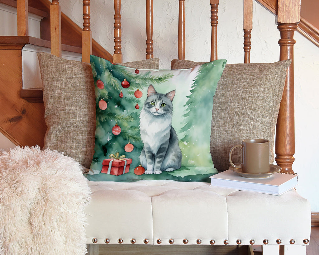 Australian Mist Cat By the Christmas Tree Decorative Throw Pillow 14x14 Indoor Outdoor Accent Cushion, Fabric Cover with Insert for Sofa, Bed, Porch & Living Room