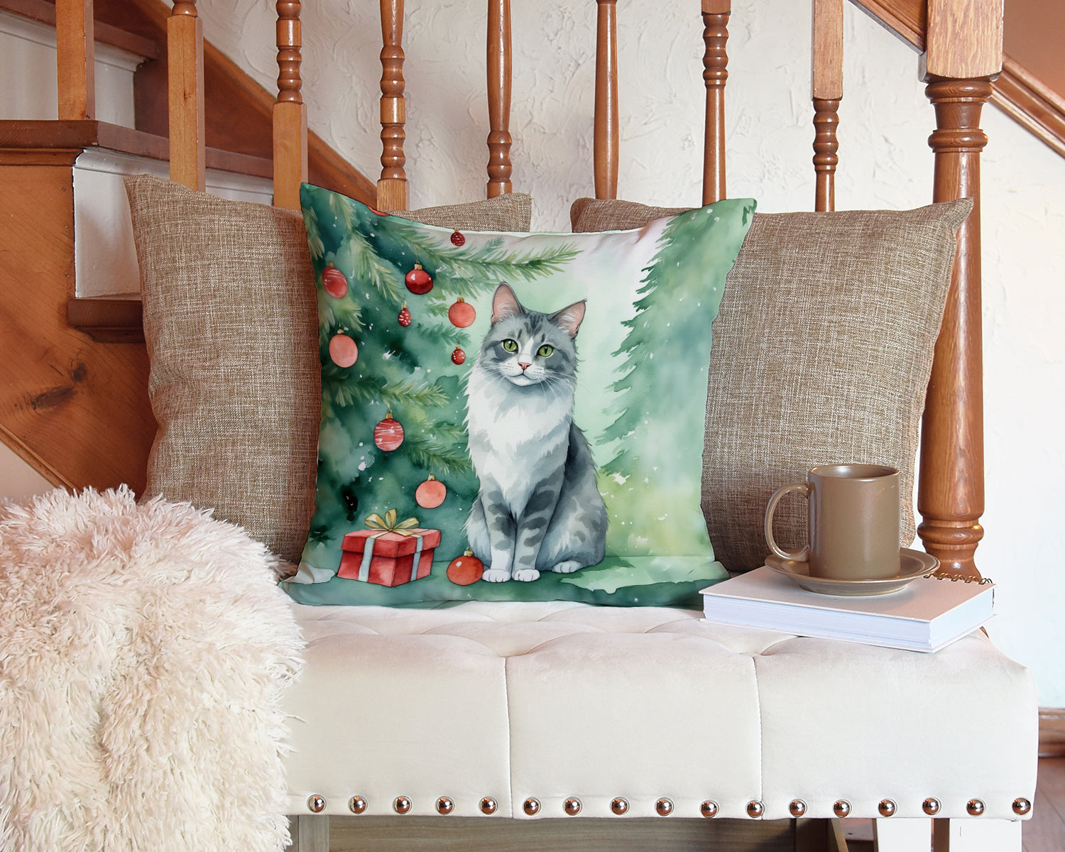 Australian Mist Cat By the Christmas Tree Decorative Throw Pillow 14x14 Indoor Outdoor Accent Cushion, Fabric Cover with Insert for Sofa, Bed, Porch & Living Room