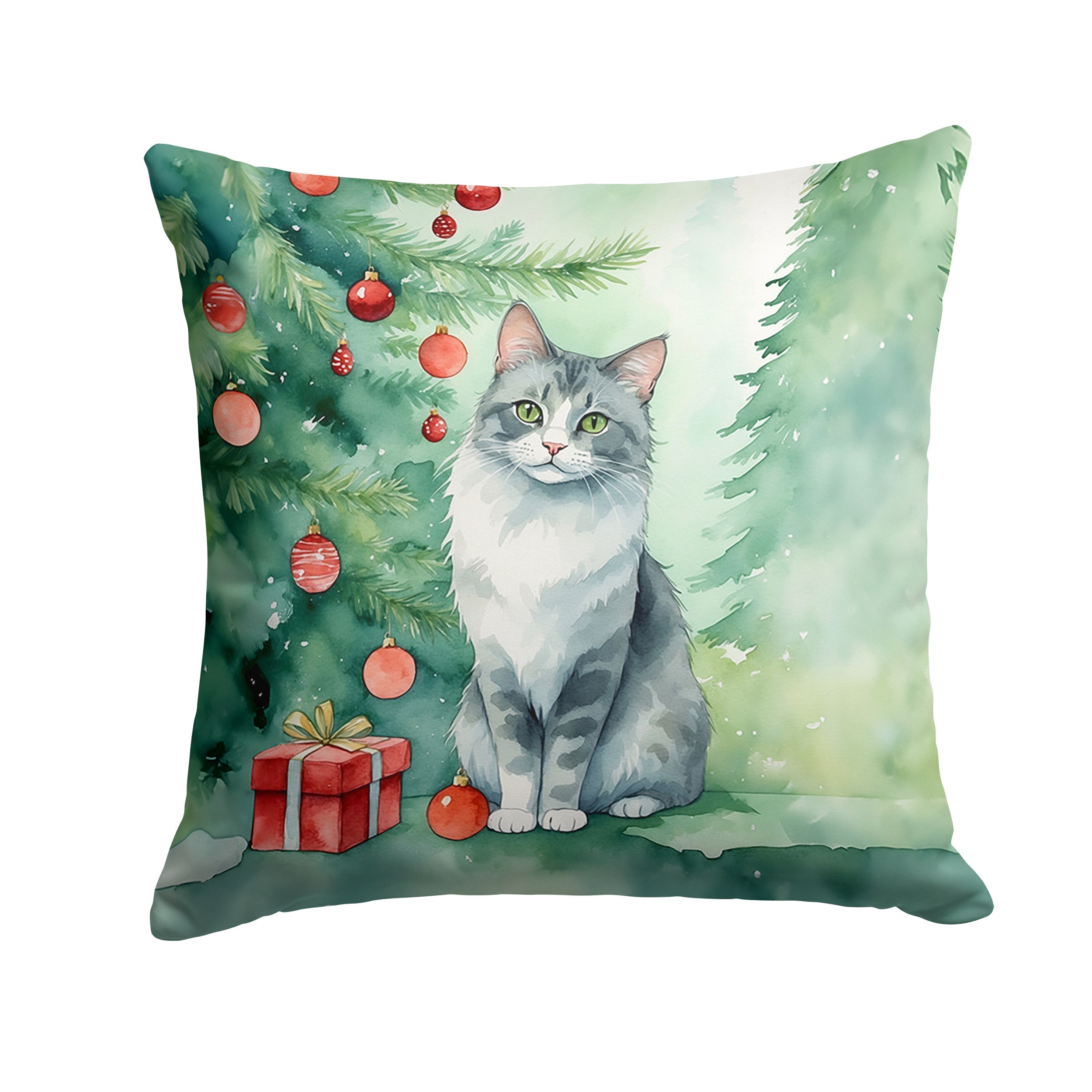 Australian Mist Cat By the Christmas Tree Decorative Throw Pillow 14x14 Indoor Outdoor Accent Cushion, Fabric Cover with Insert for Sofa, Bed, Porch & Living Room