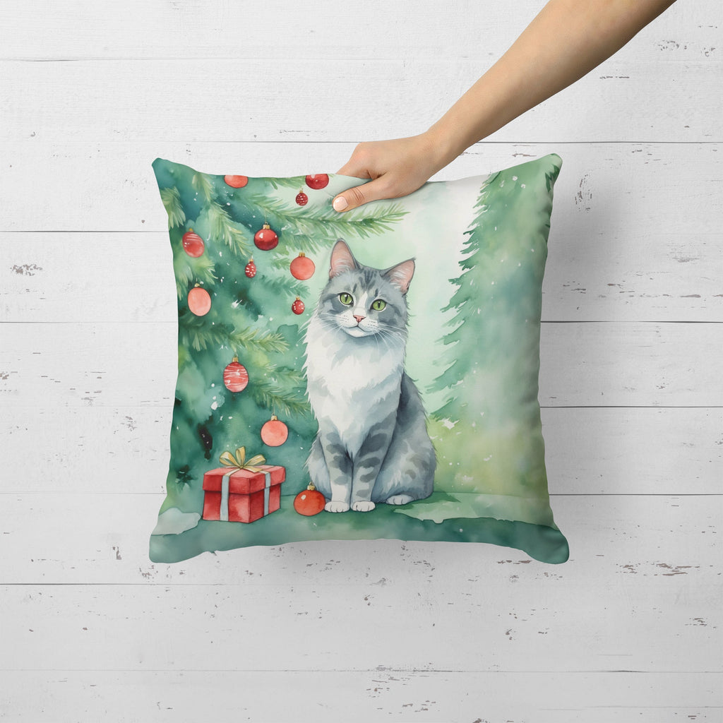 Australian Mist Cat By the Christmas Tree Decorative Throw Pillow 18x18 Indoor Outdoor Accent Cushion, Fabric Cover with Insert for Sofa, Bed, Porch & Living Room