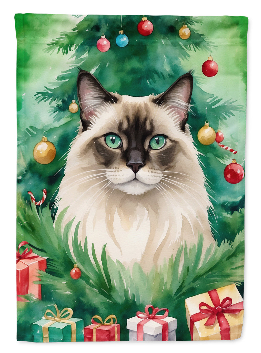 Balinese Cat By the Christmas Tree House Flag 28x40 Porch Sleeve Pole Decorative Outside Yard Banner Artwork Wall Hanging, Polyester