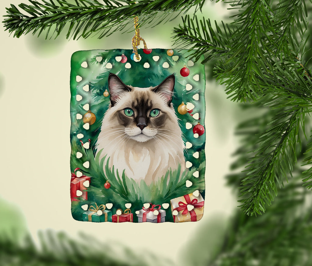 Balinese Cat By the Christmas Tree Porcelain Ornament Christmas Tree Hanging Decorations for Home Christmas Holiday, Rectangle, Gift, Multicolor