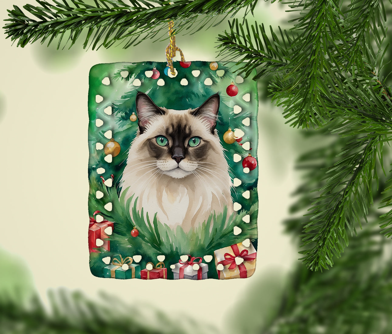 Balinese Cat By the Christmas Tree Porcelain Ornament Christmas Tree Hanging Decorations for Home Christmas Holiday, Rectangle, Gift, Multicolor