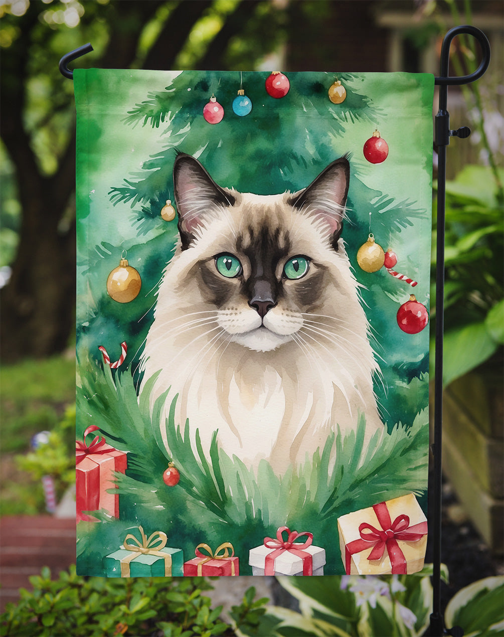 Balinese Cat By the Christmas Tree Garden Flag Mailbox Decorative Yard Banner Outside Patio Artwork for Flower Beds, Garden Size, Multicolor