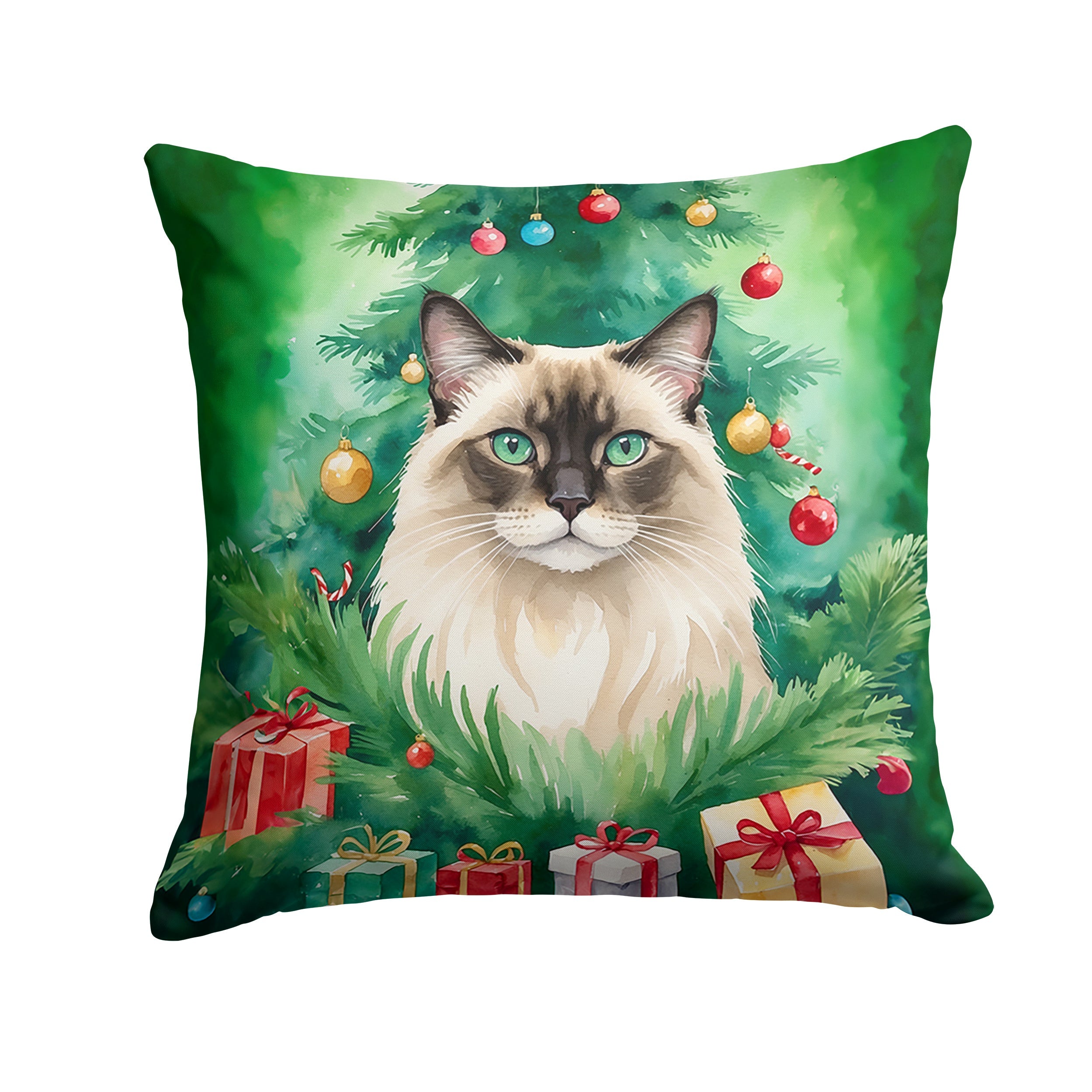 Balinese Cat By the Christmas Tree Decorative Throw Pillow 14x14 Indoor Outdoor Accent Cushion, Fabric Cover with Insert for Sofa, Bed, Porch & Living Room