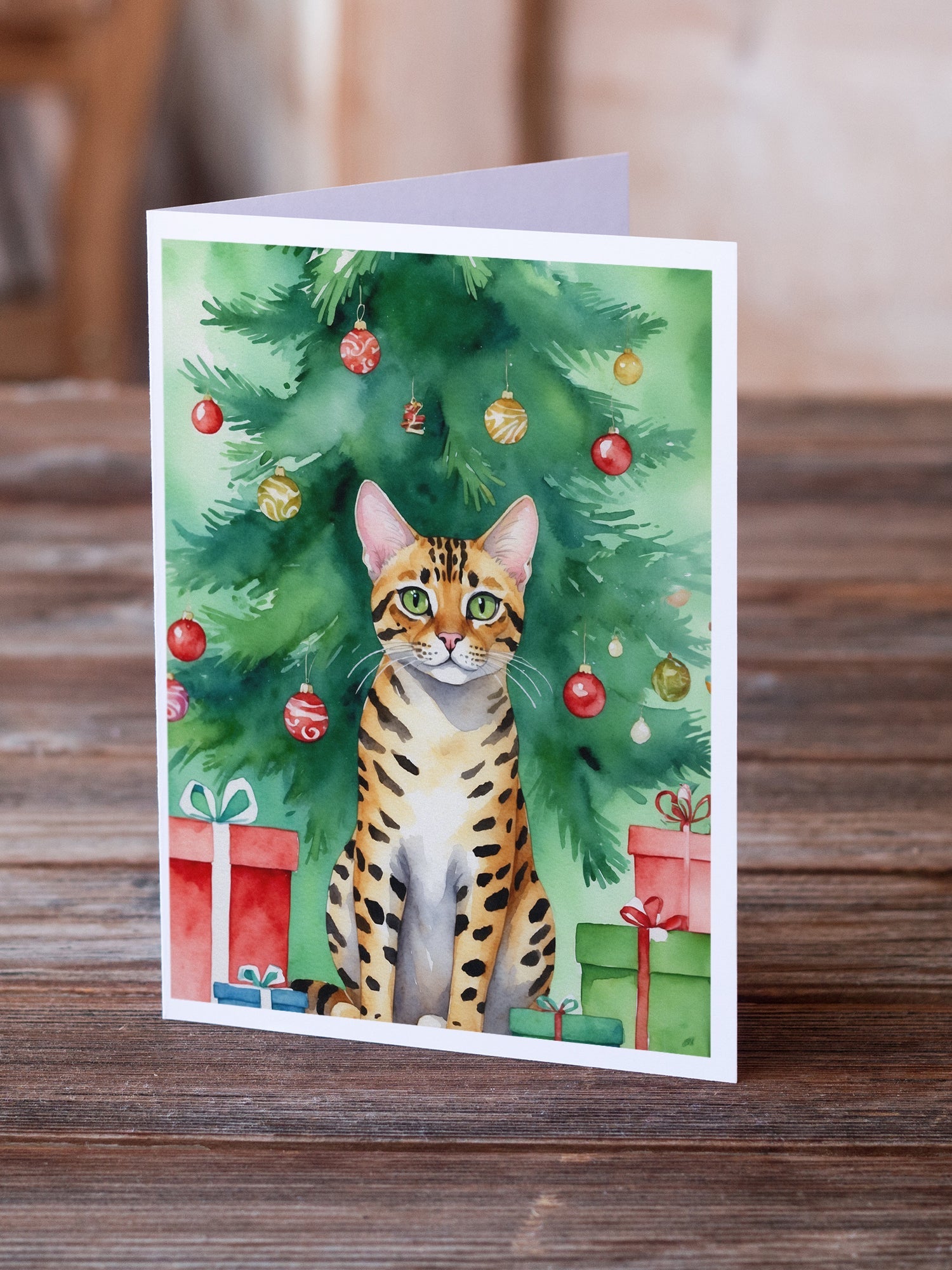 Bengal Cat By the Christmas Tree Greeting Cards Pack of 8 Blank Cards with Envelopes Whimsical A7 Size 5x7