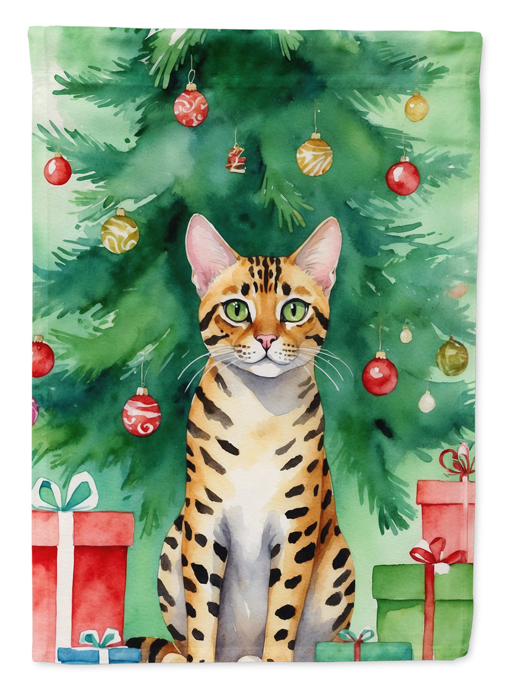 Bengal Cat By the Christmas Tree Garden Flag Mailbox Decorative Yard Banner Outside Patio Artwork for Flower Beds, Garden Size, Multicolor