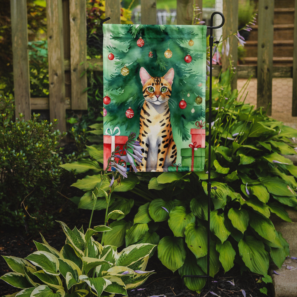 Bengal Cat By the Christmas Tree Garden Flag Mailbox Decorative Yard Banner Outside Patio Artwork for Flower Beds, Garden Size, Multicolor
