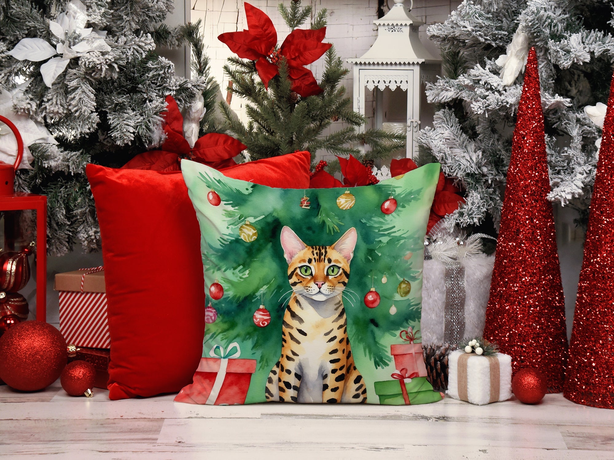 Bengal Cat By the Christmas Tree Decorative Throw Pillow 18x18 Indoor Outdoor Accent Cushion, Fabric Cover with Insert for Sofa, Bed, Porch & Living Room