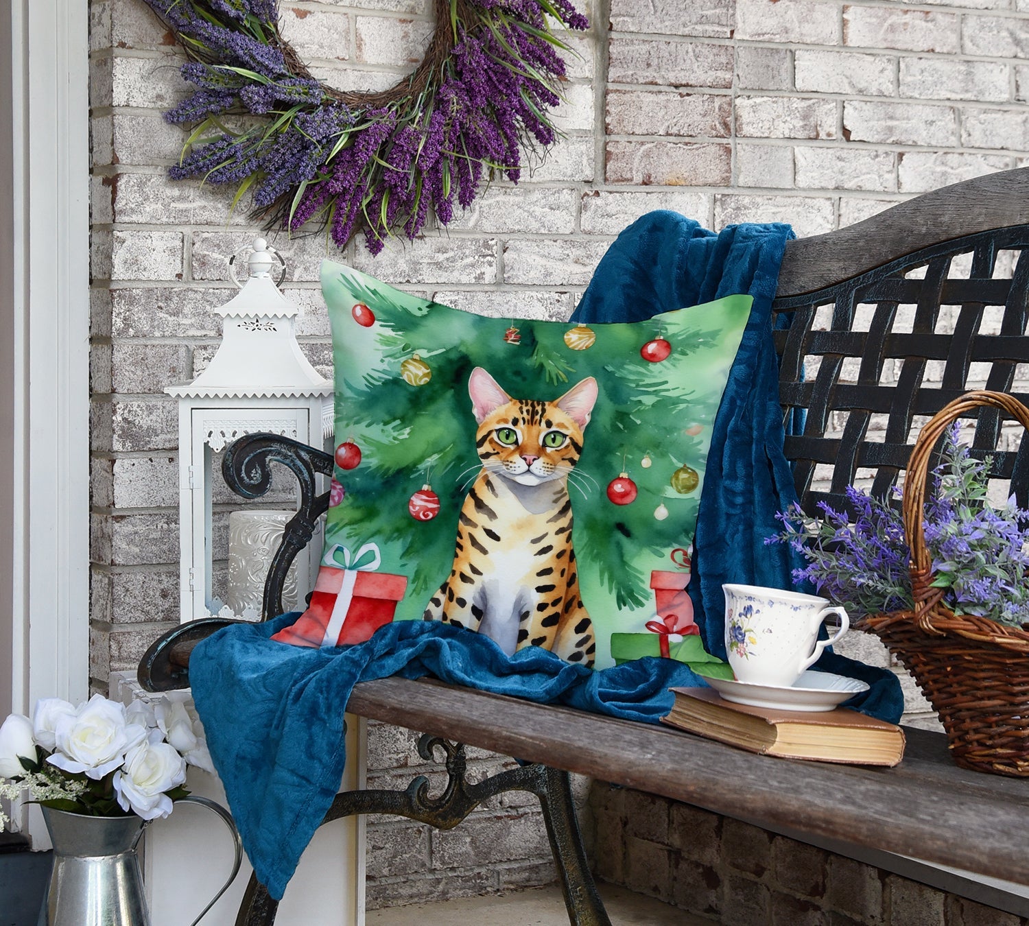 Bengal Cat By the Christmas Tree Decorative Throw Pillow 18x18 Indoor Outdoor Accent Cushion, Fabric Cover with Insert for Sofa, Bed, Porch & Living Room