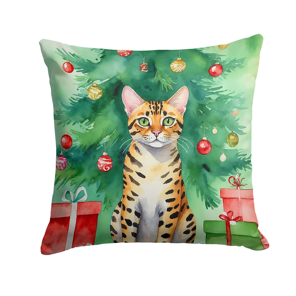 Bengal Cat By the Christmas Tree Decorative Throw Pillow 18x18 Indoor Outdoor Accent Cushion, Fabric Cover with Insert for Sofa, Bed, Porch & Living Room