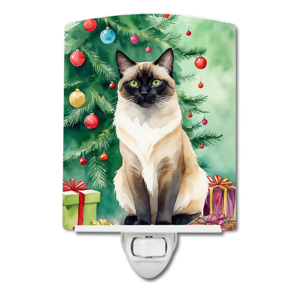 Birman Cat By the Christmas Tree Ceramic Night Light Compact, UL-Certified, Ideal for Bedroom, Bathroom, Nursery, Hallway, Kitchen, 6x4x3, Multicolor