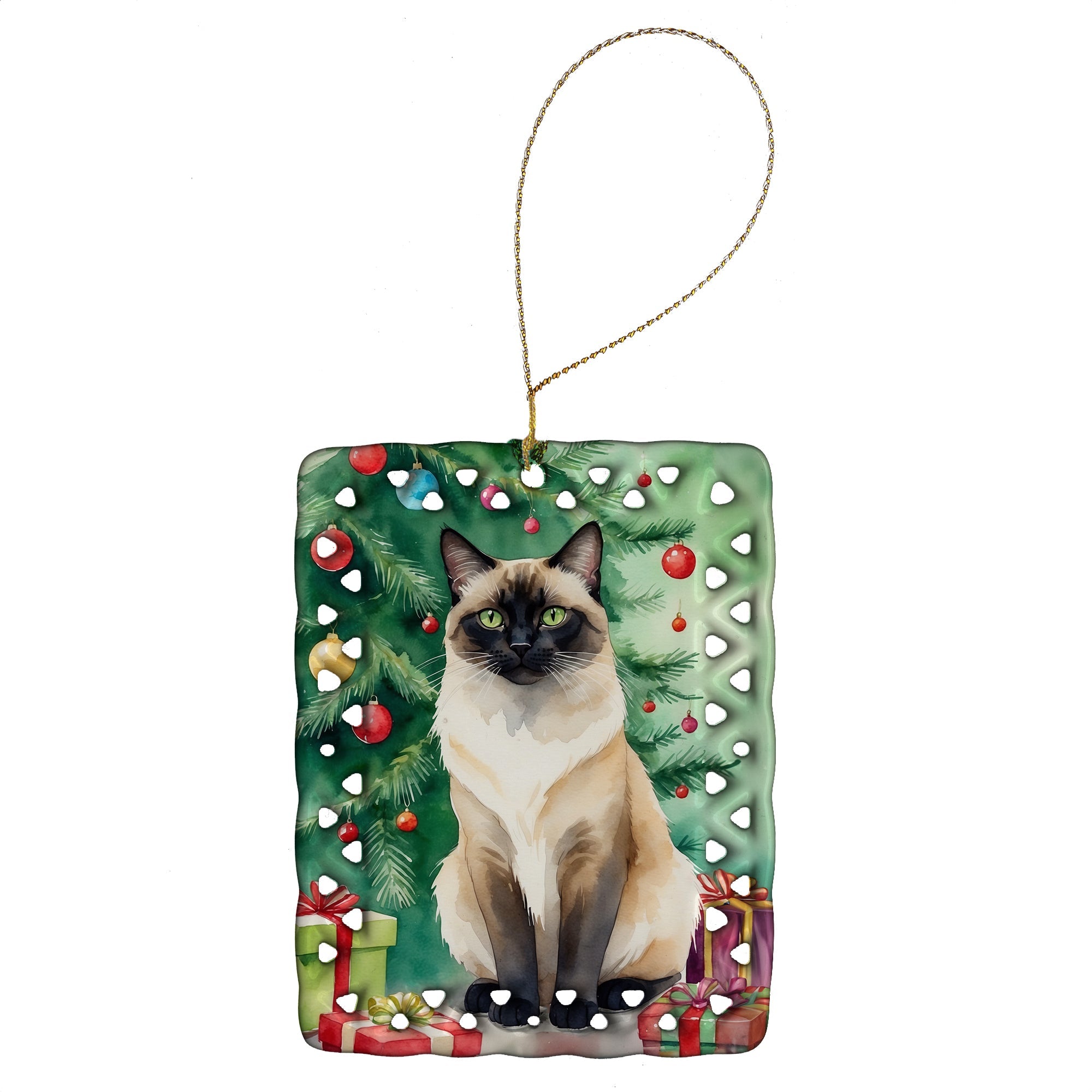 Birman Cat By the Christmas Tree Porcelain Ornament Christmas Tree Hanging Decorations for Home Christmas Holiday, Rectangle, Gift, Multicolor