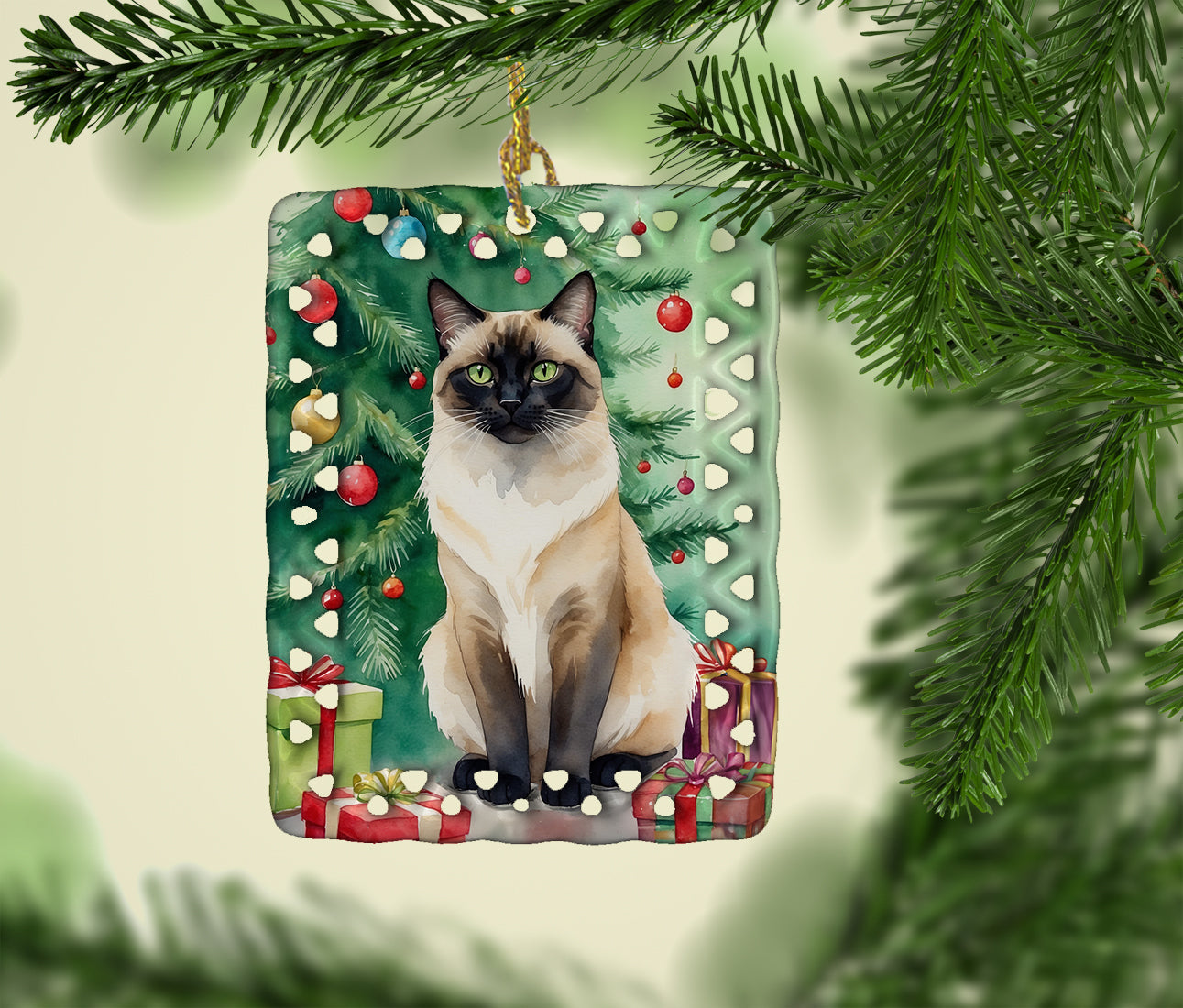 Birman Cat By the Christmas Tree Porcelain Ornament Christmas Tree Hanging Decorations for Home Christmas Holiday, Rectangle, Gift, Multicolor