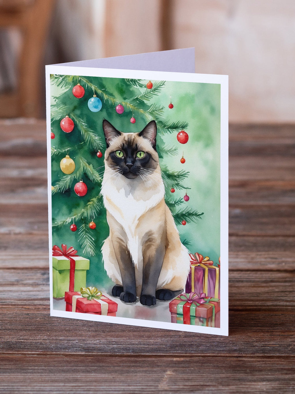 Birman Cat By the Christmas Tree Greeting Cards Pack of 8 Blank Cards with Envelopes Whimsical A7 Size 5x7