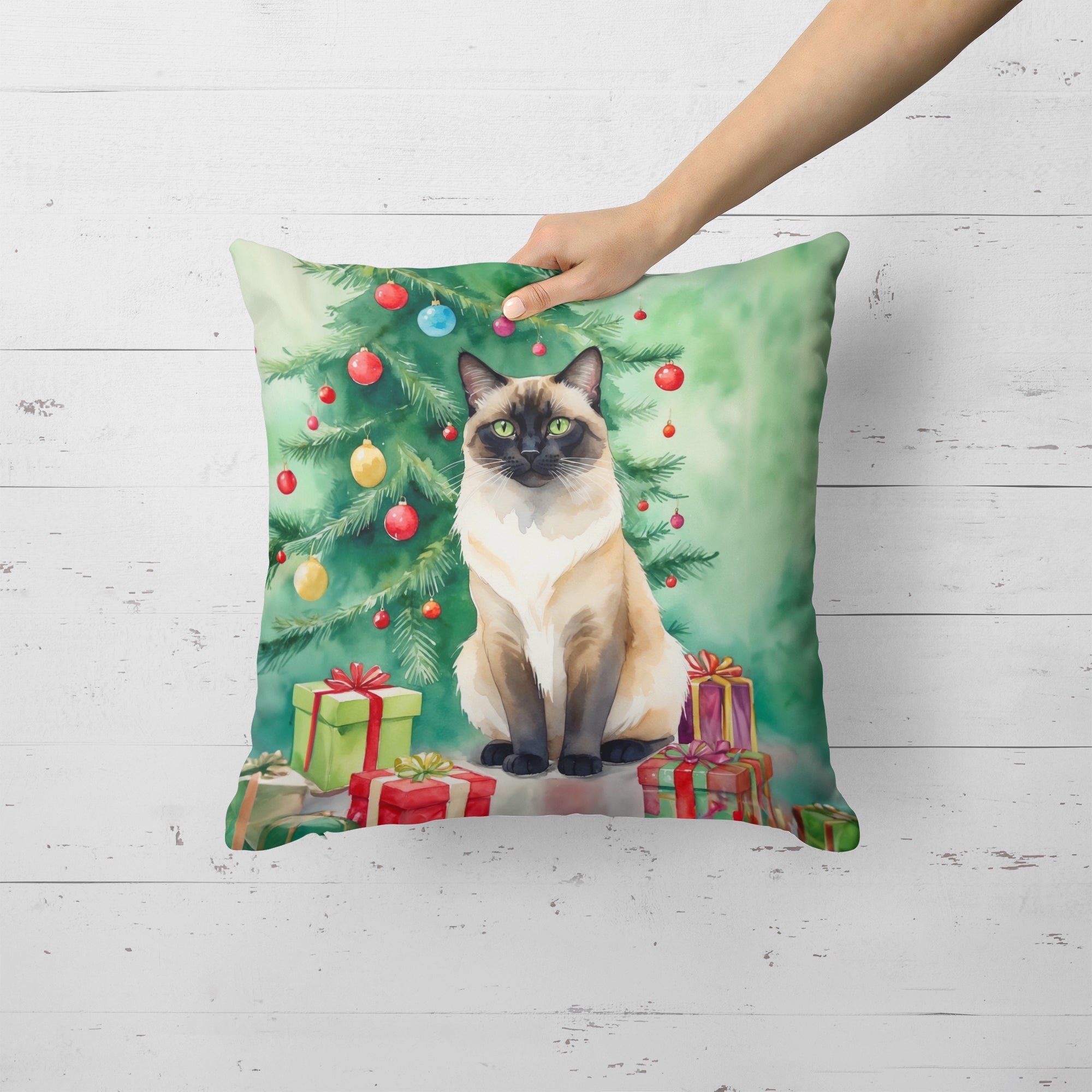 Birman Cat By the Christmas Tree Decorative Throw Pillow 18x18 Indoor Outdoor Accent Cushion, Fabric Cover with Insert for Sofa, Bed, Porch & Living Room