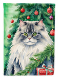British Longhair Cat By the Christmas Tree House Flag 28x40 Porch Sleeve Pole Decorative Outside Yard Banner Artwork Wall Hanging, Polyester