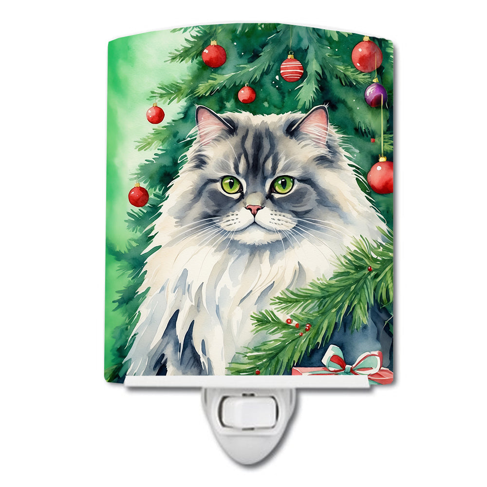 British Longhair Cat By the Christmas Tree Ceramic Night Light Compact, UL-Certified, Ideal for Bedroom, Bathroom, Nursery, Hallway, Kitchen, 6x4x3, Multicolor
