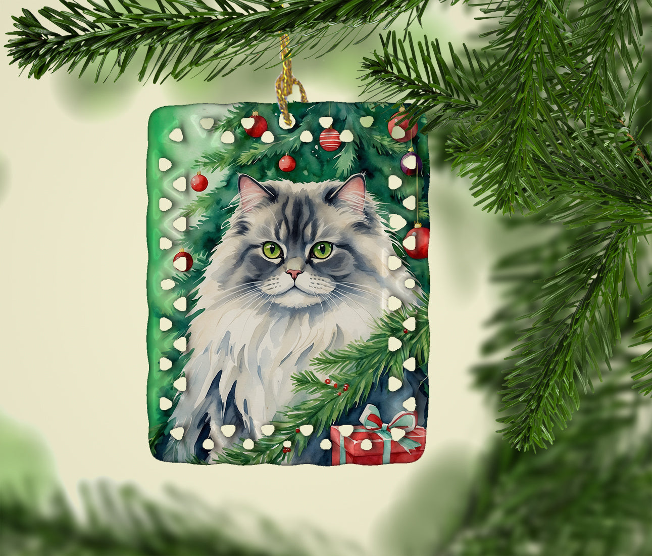 British Longhair Cat By the Christmas Tree Porcelain Ornament Christmas Tree Hanging Decorations for Home Christmas Holiday, Rectangle, Gift, Multicolor