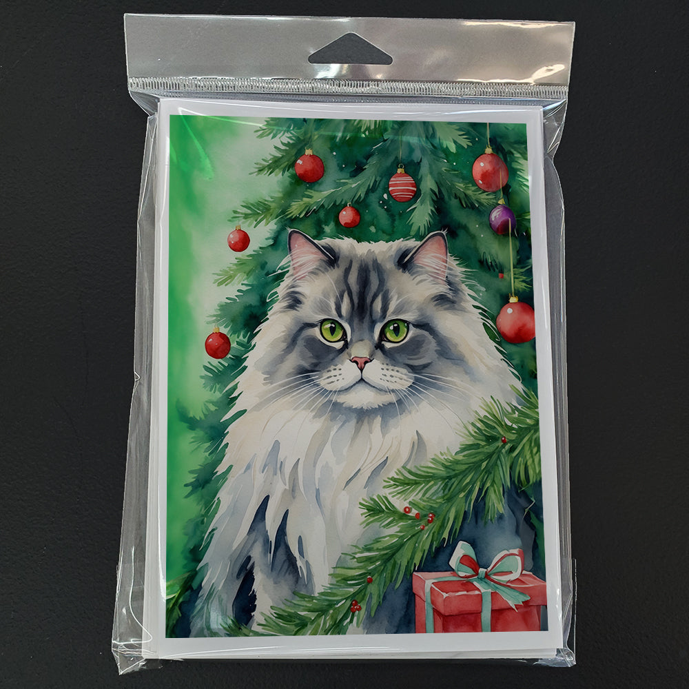 British Longhair Cat By the Christmas Tree Greeting Cards Pack of 8 Blank Cards with Envelopes Whimsical A7 Size 5x7