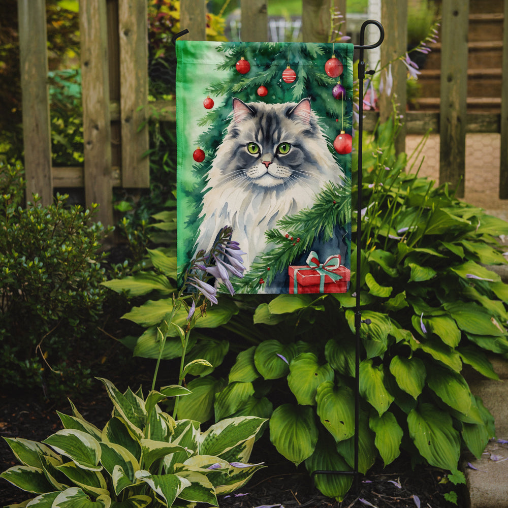 British Longhair Cat By the Christmas Tree Garden Flag Mailbox Decorative Yard Banner Outside Patio Artwork for Flower Beds, Garden Size, Multicolor
