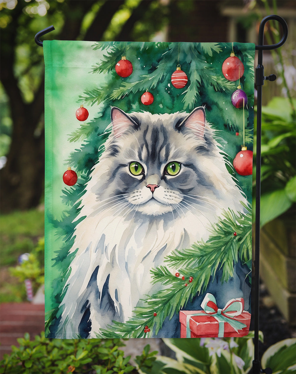 British Longhair Cat By the Christmas Tree Garden Flag Mailbox Decorative Yard Banner Outside Patio Artwork for Flower Beds, Garden Size, Multicolor