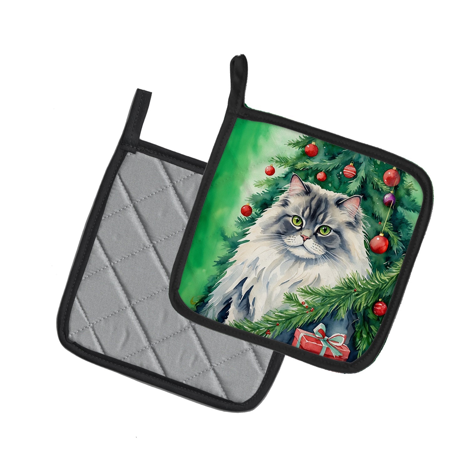 British Longhair Cat By the Christmas Tree Pot Holder Set of 2 Heat Resistant Quilted Hot Pads 7.5 x 7.5 Inch, Insulated Kitchen Trivets for Cooking & Baking