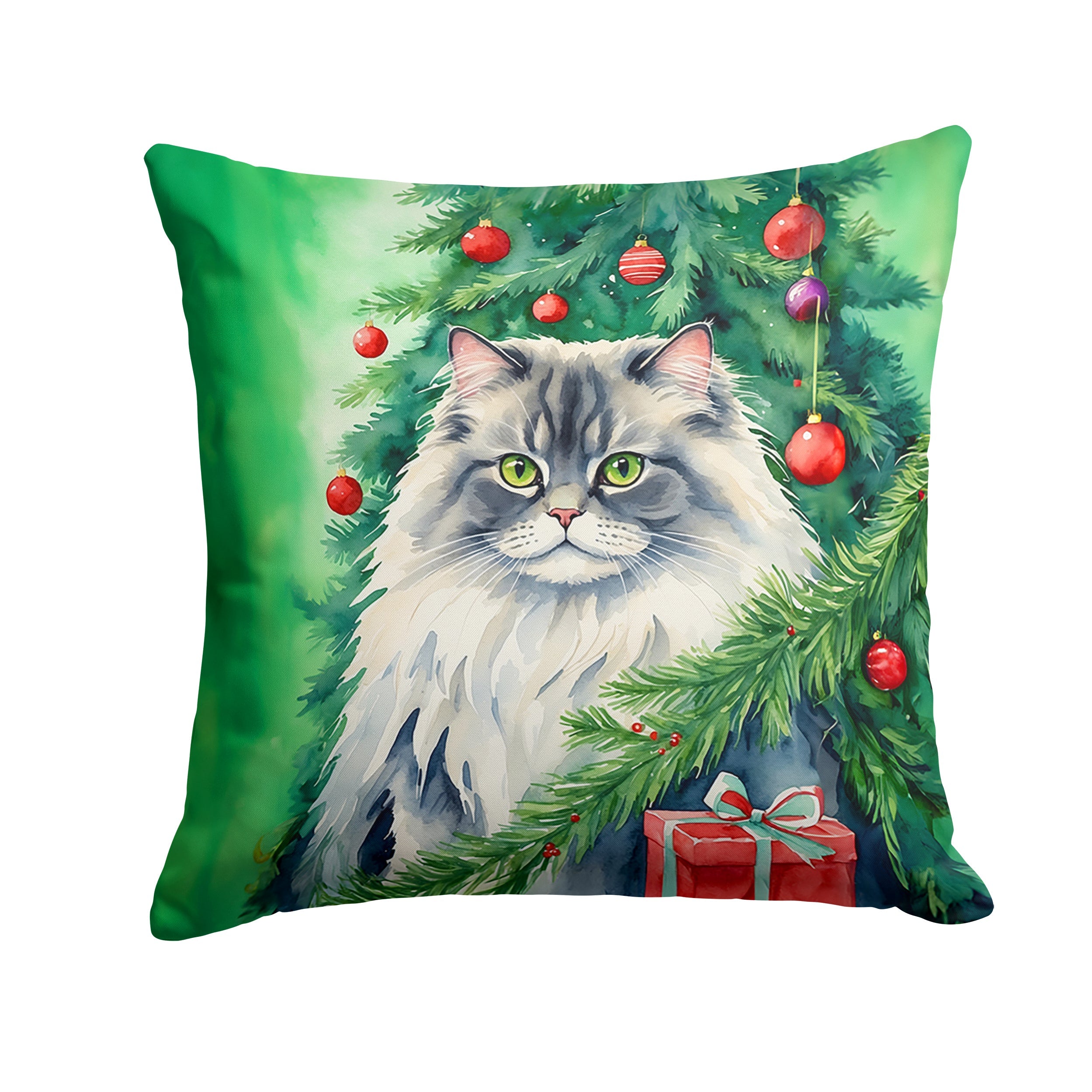 British Longhair Cat By the Christmas Tree Decorative Throw Pillow 14x14 Indoor Outdoor Accent Cushion, Fabric Cover with Insert for Sofa, Bed, Porch & Living Room