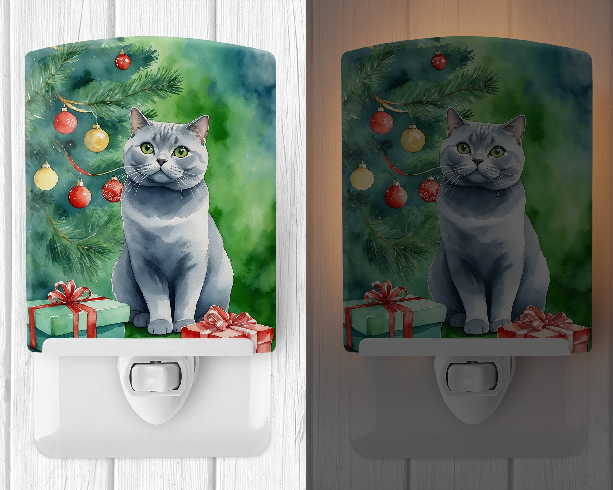 British Shorthair Cat By the Christmas Tree Ceramic Night Light Compact, UL-Certified, Ideal for Bedroom, Bathroom, Nursery, Hallway, Kitchen, 6x4x3, Multicolor