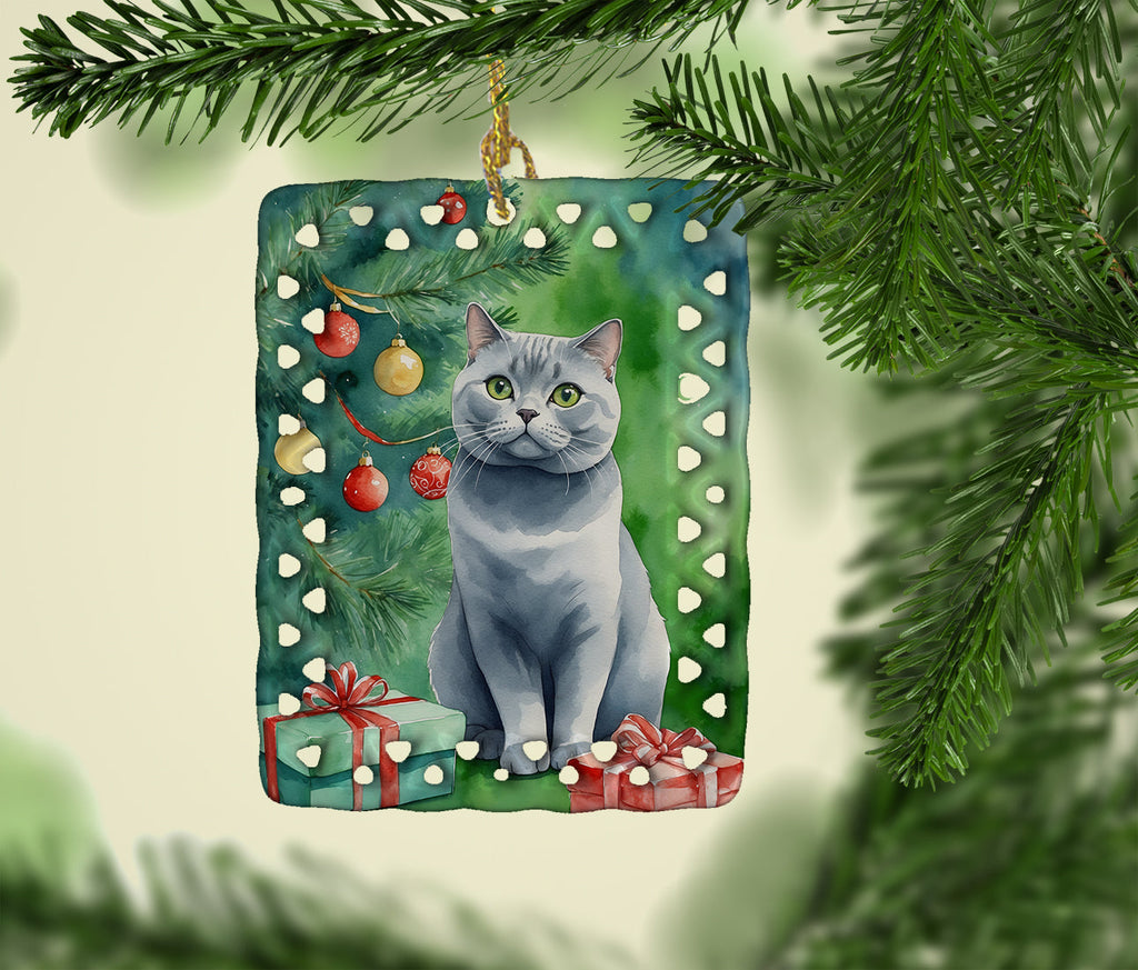 British Shorthair Cat By the Christmas Tree Porcelain Ornament Christmas Tree Hanging Decorations for Home Christmas Holiday, Rectangle, Gift, Multicolor