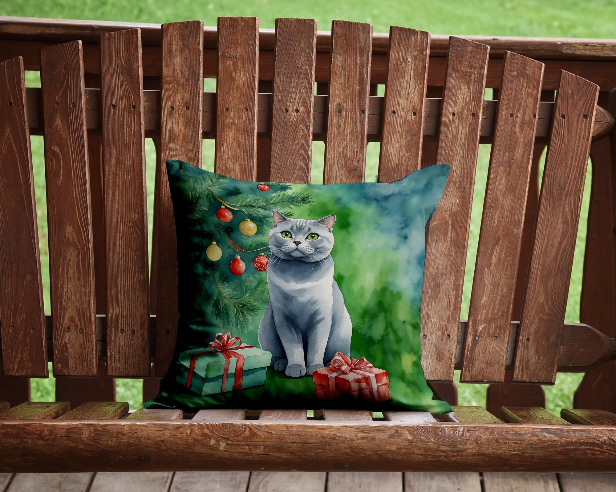 British Shorthair Cat By the Christmas Tree Decorative Throw Pillow 14x14 Indoor Outdoor Accent Cushion, Fabric Cover with Insert for Sofa, Bed, Porch & Living Room