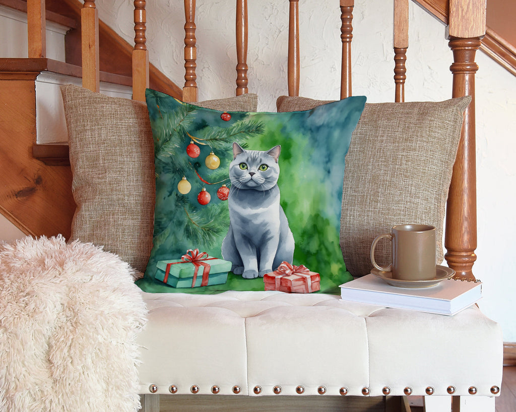 British Shorthair Cat By the Christmas Tree Decorative Throw Pillow 14x14 Indoor Outdoor Accent Cushion, Fabric Cover with Insert for Sofa, Bed, Porch & Living Room