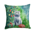 British Shorthair Cat By the Christmas Tree Decorative Throw Pillow 14x14 Indoor Outdoor Accent Cushion, Fabric Cover with Insert for Sofa, Bed, Porch & Living Room