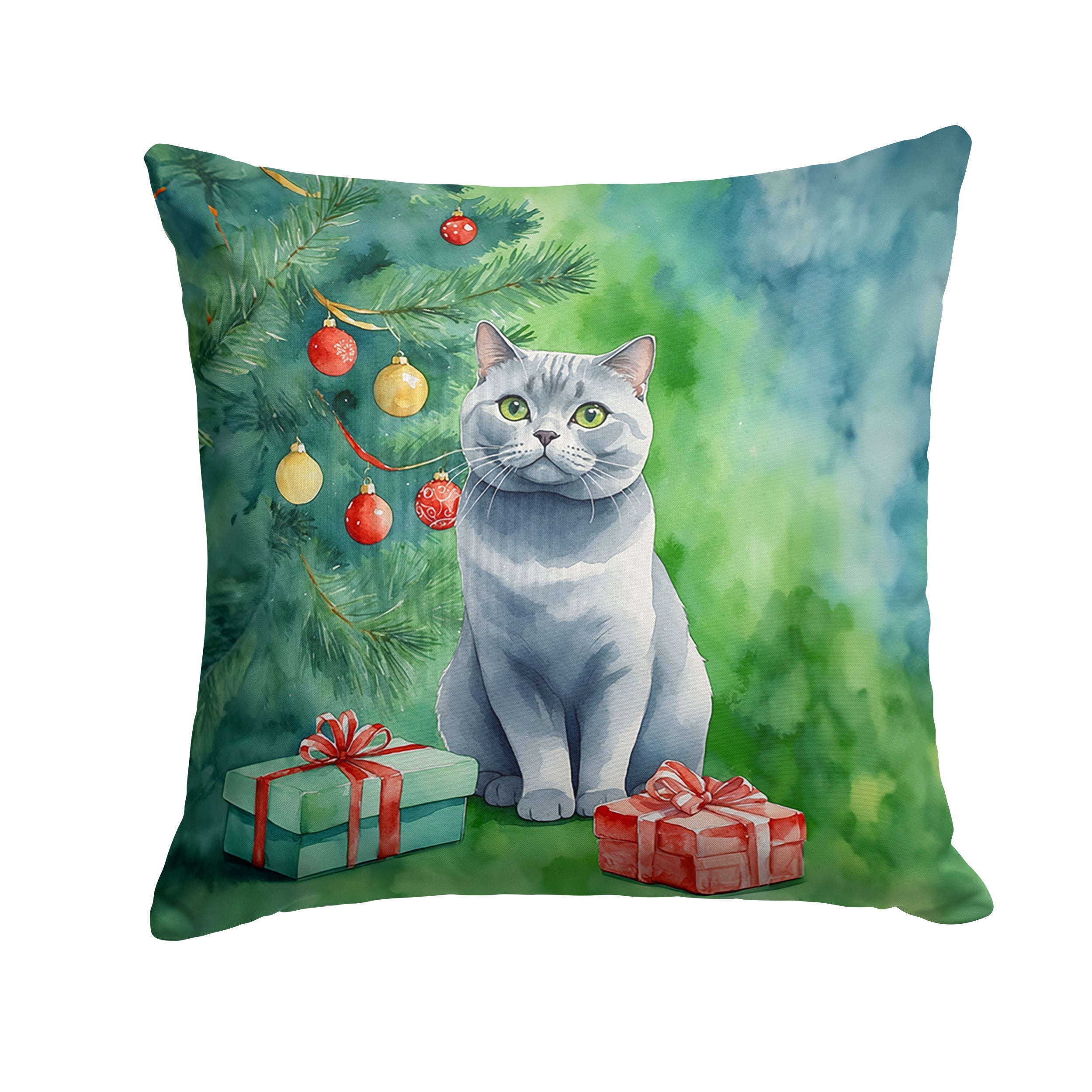 British Shorthair Cat By the Christmas Tree Decorative Throw Pillow 14x14 Indoor Outdoor Accent Cushion, Fabric Cover with Insert for Sofa, Bed, Porch & Living Room