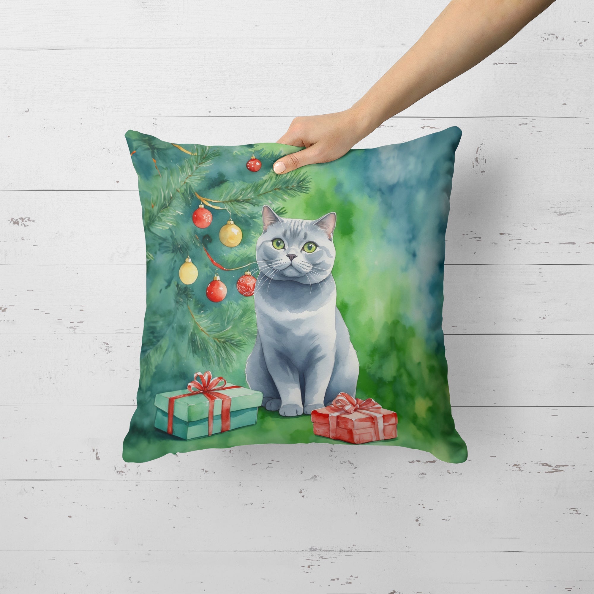 British Shorthair Cat By the Christmas Tree Decorative Throw Pillow 18x18 Indoor Outdoor Accent Cushion, Fabric Cover with Insert for Sofa, Bed, Porch & Living Room
