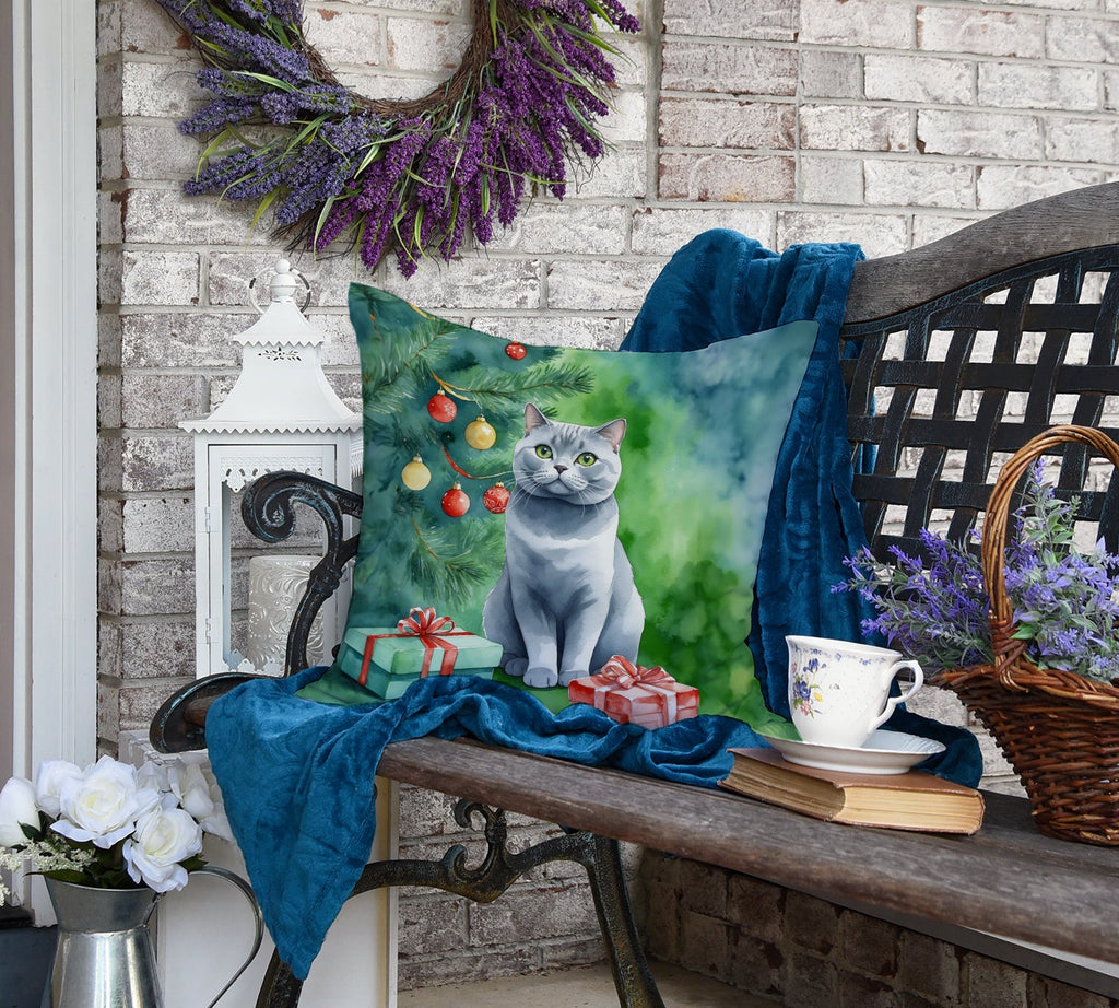 British Shorthair Cat By the Christmas Tree Decorative Throw Pillow 18x18 Indoor Outdoor Accent Cushion, Fabric Cover with Insert for Sofa, Bed, Porch & Living Room