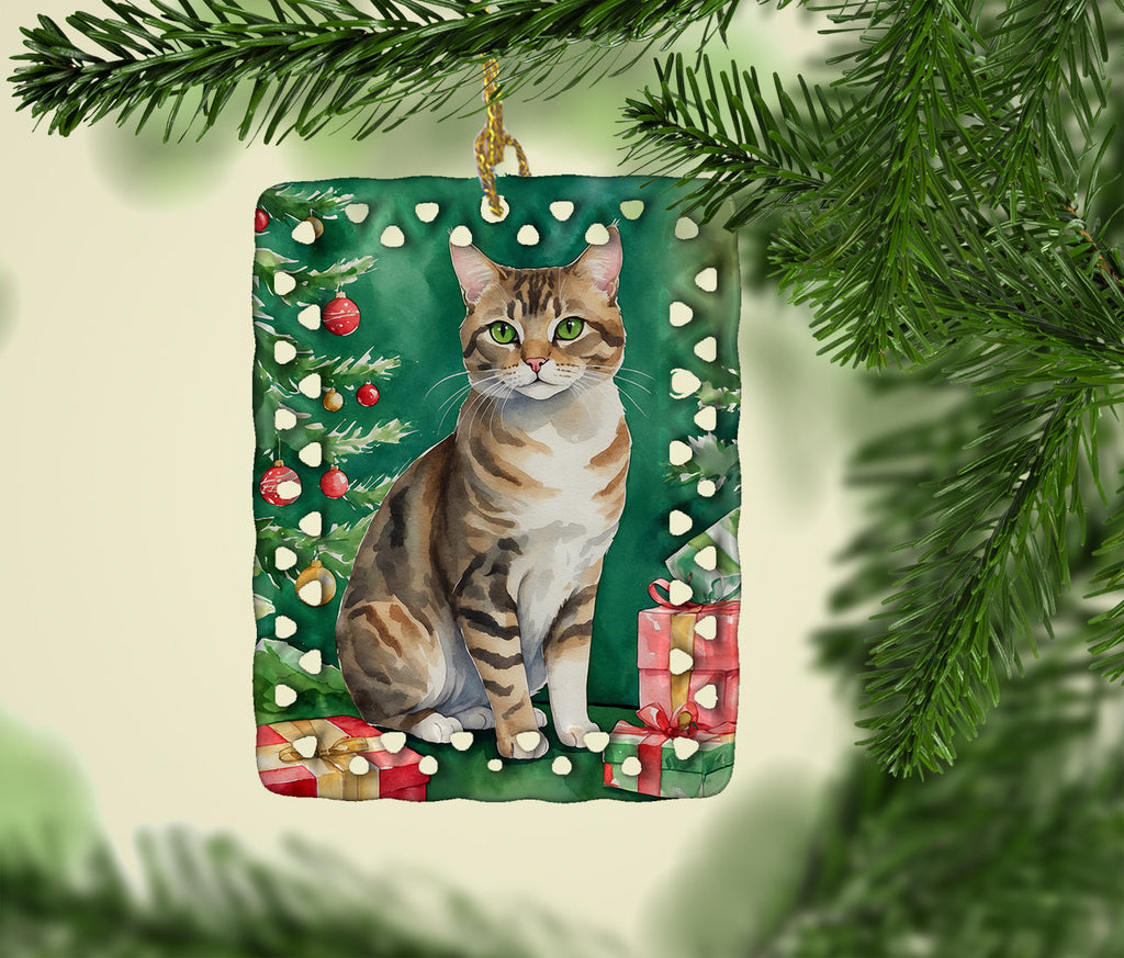 California Spangled Cat By the Christmas Tree Porcelain Ornament Christmas Tree Hanging Decorations for Home Christmas Holiday, Rectangle, Gift, Multicolor