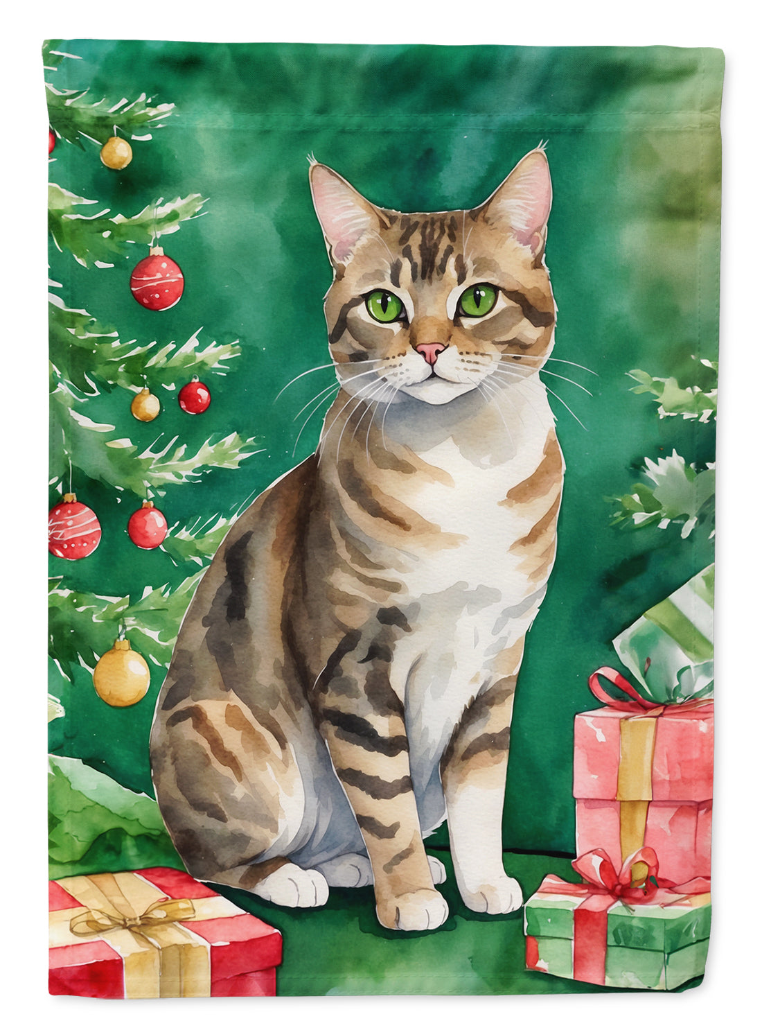 California Spangled Cat By the Christmas Tree Garden Flag Mailbox Decorative Yard Banner Outside Patio Artwork for Flower Beds, Garden Size, Multicolor