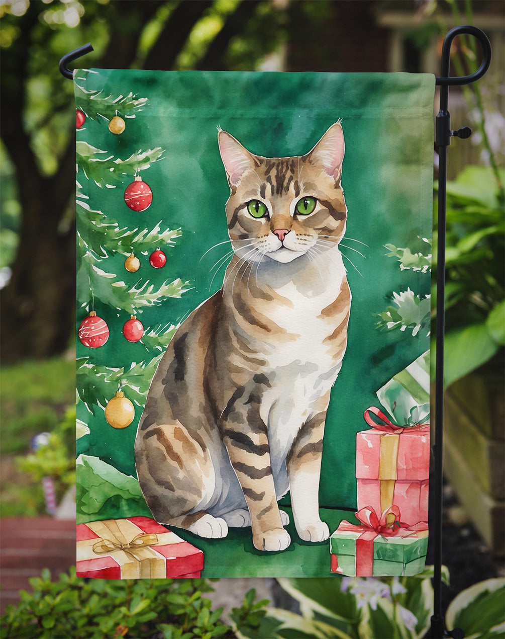 California Spangled Cat By the Christmas Tree Garden Flag Mailbox Decorative Yard Banner Outside Patio Artwork for Flower Beds, Garden Size, Multicolor