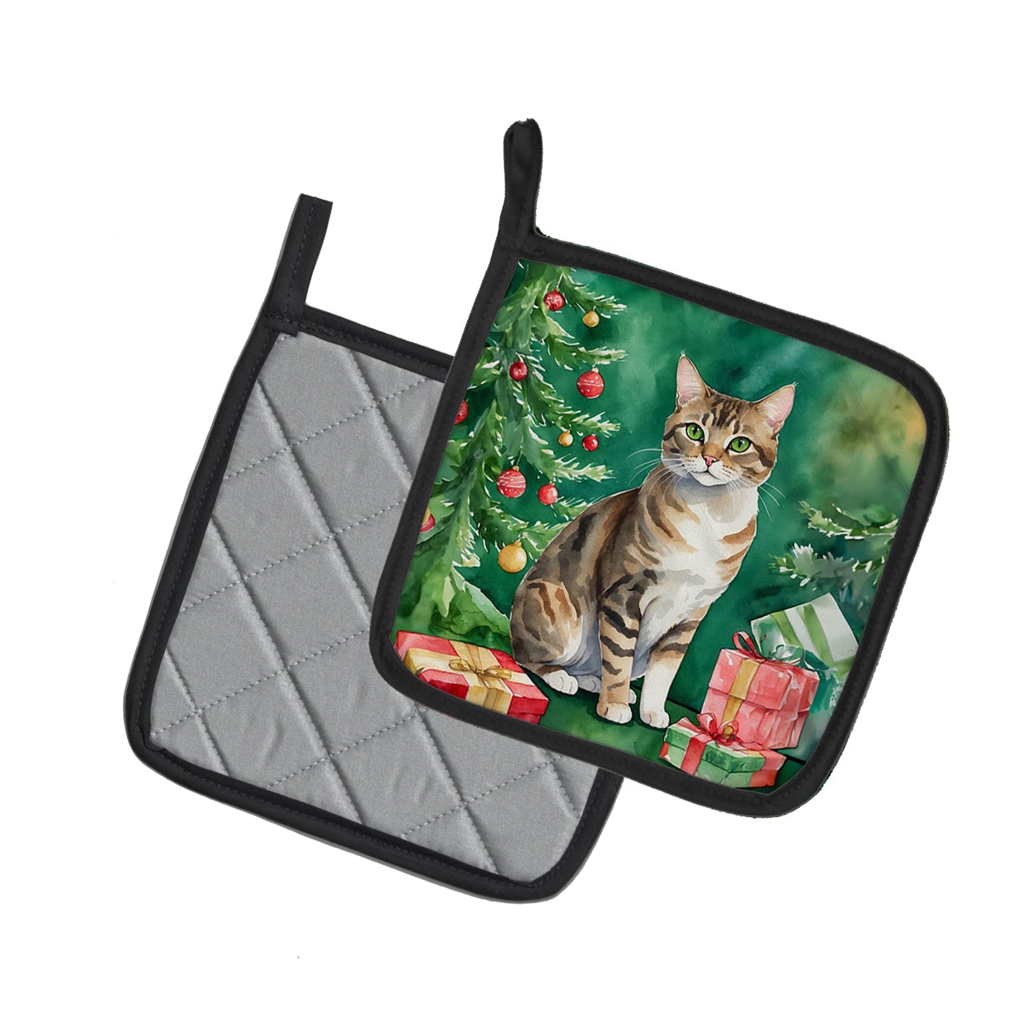 California Spangled Cat By the Christmas Tree Pot Holder Set of 2 Heat Resistant Quilted Hot Pads 7.5 x 7.5 Inch, Insulated Kitchen Trivets for Cooking & Baking