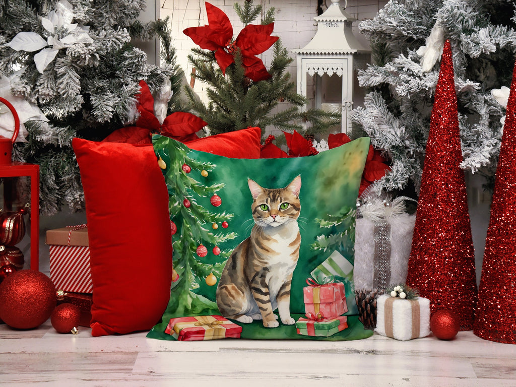 California Spangled Cat By the Christmas Tree Decorative Throw Pillow 18x18 Indoor Outdoor Accent Cushion, Fabric Cover with Insert for Sofa, Bed, Porch & Living Room