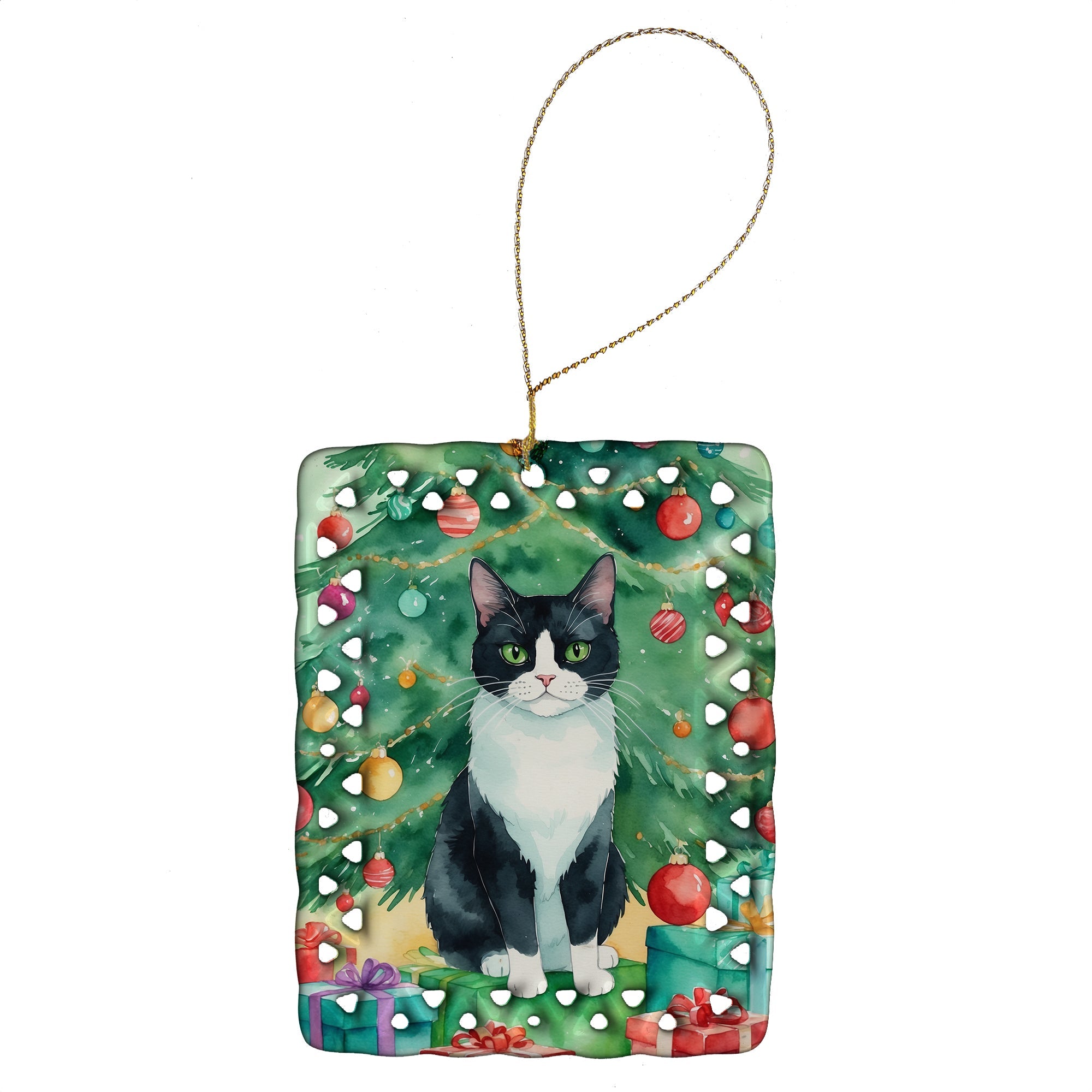 Chantilly Tiffany Cat By the Christmas Tree Porcelain Ornament Christmas Tree Hanging Decorations for Home Christmas Holiday, Rectangle, Gift, Multicolor
