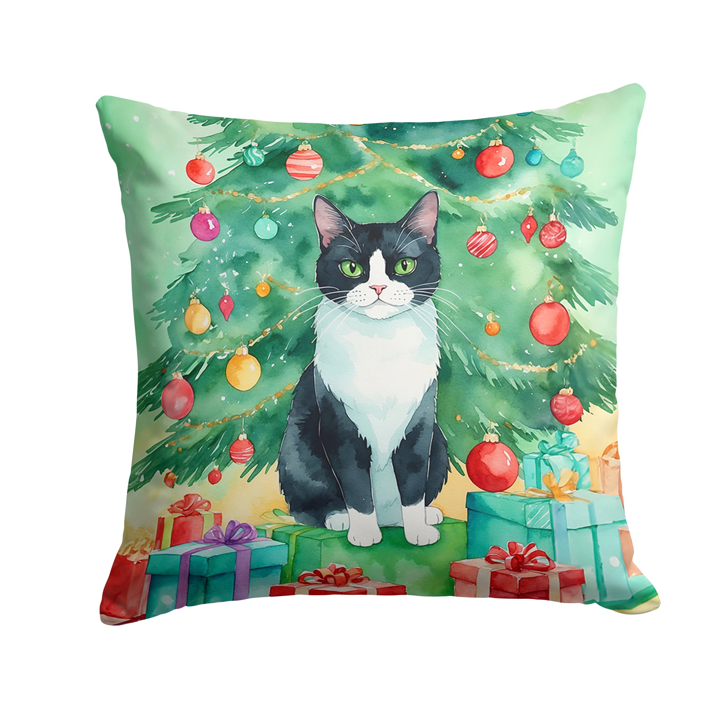 Chantilly Tiffany Cat By the Christmas Tree Decorative Throw Pillow 18x18 Indoor Outdoor Accent Cushion, Fabric Cover with Insert for Sofa, Bed, Porch & Living Room