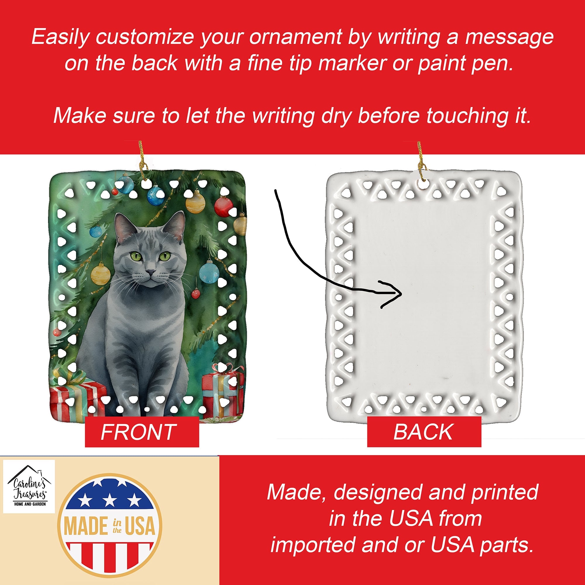 Chartreux Cat By the Christmas Tree Porcelain Ornament Christmas Tree Hanging Decorations for Home Christmas Holiday, Rectangle, Gift, Multicolor