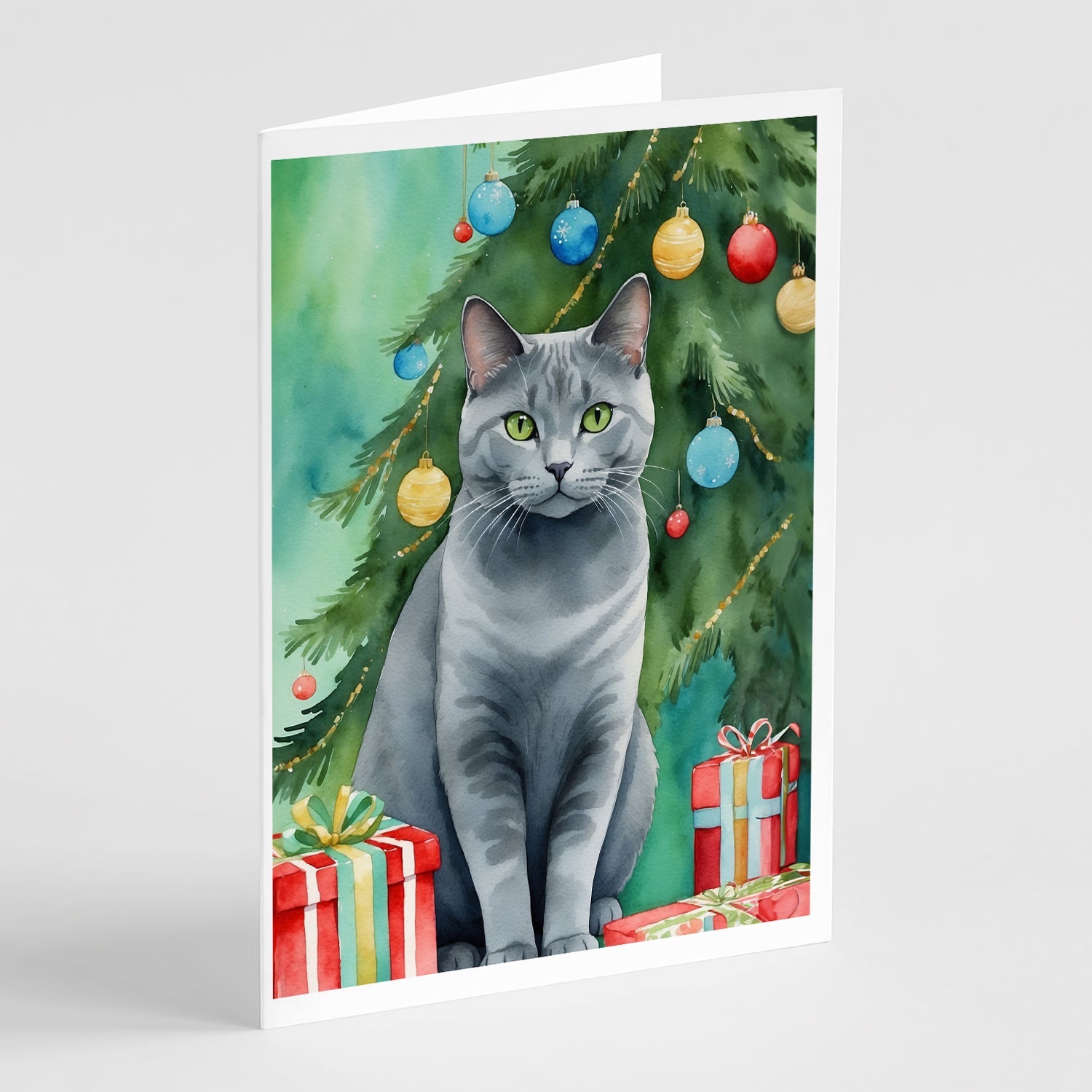 Chartreux Cat By the Christmas Tree Greeting Cards Pack of 8 Blank Cards with Envelopes Whimsical A7 Size 5x7
