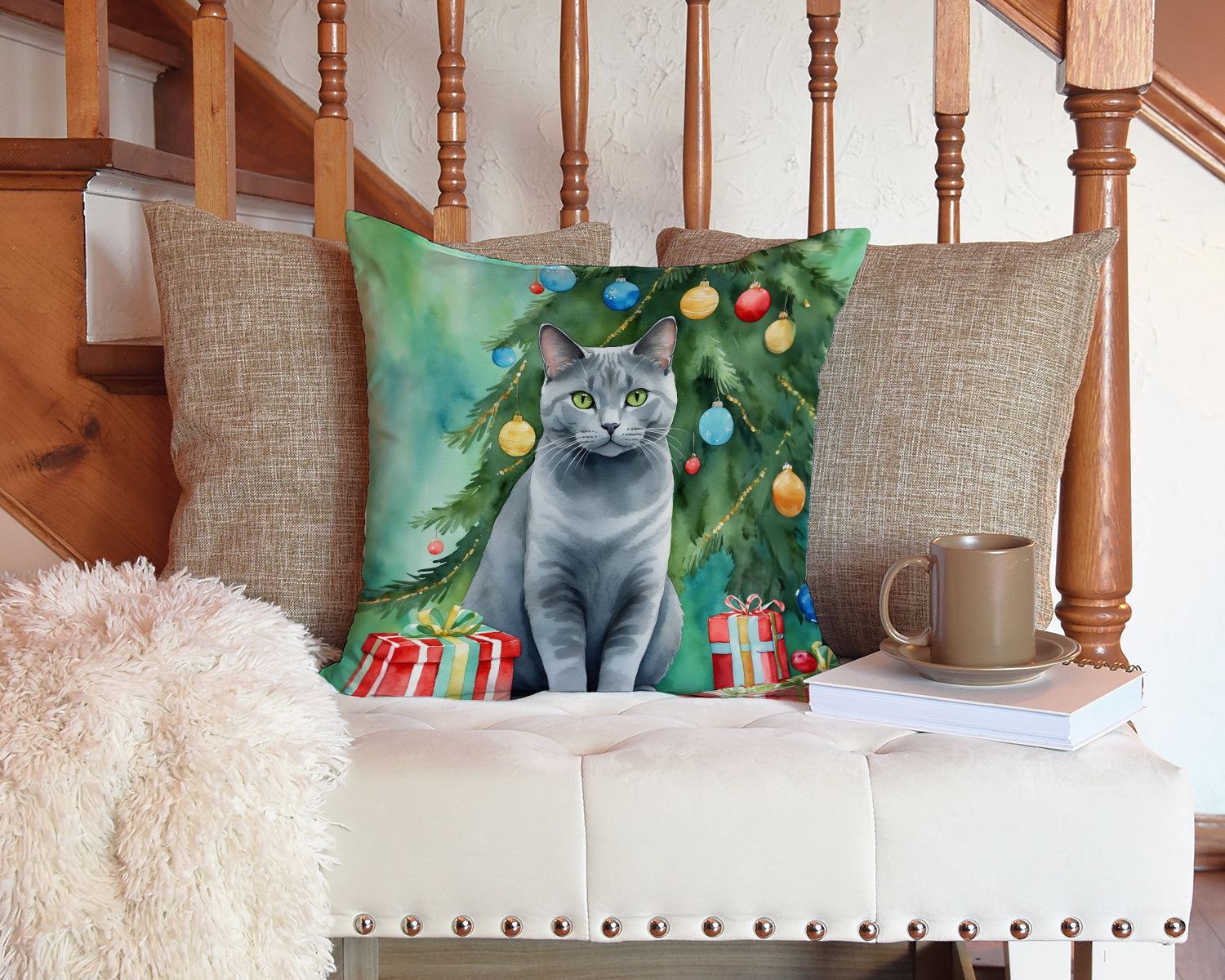 Chartreux Cat By the Christmas Tree Decorative Throw Pillow 14x14 Indoor Outdoor Accent Cushion, Fabric Cover with Insert for Sofa, Bed, Porch & Living Room