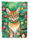 Chausie Cat By the Christmas Tree House Flag 28x40 Porch Sleeve Pole Decorative Outside Yard Banner Artwork Wall Hanging, Polyester