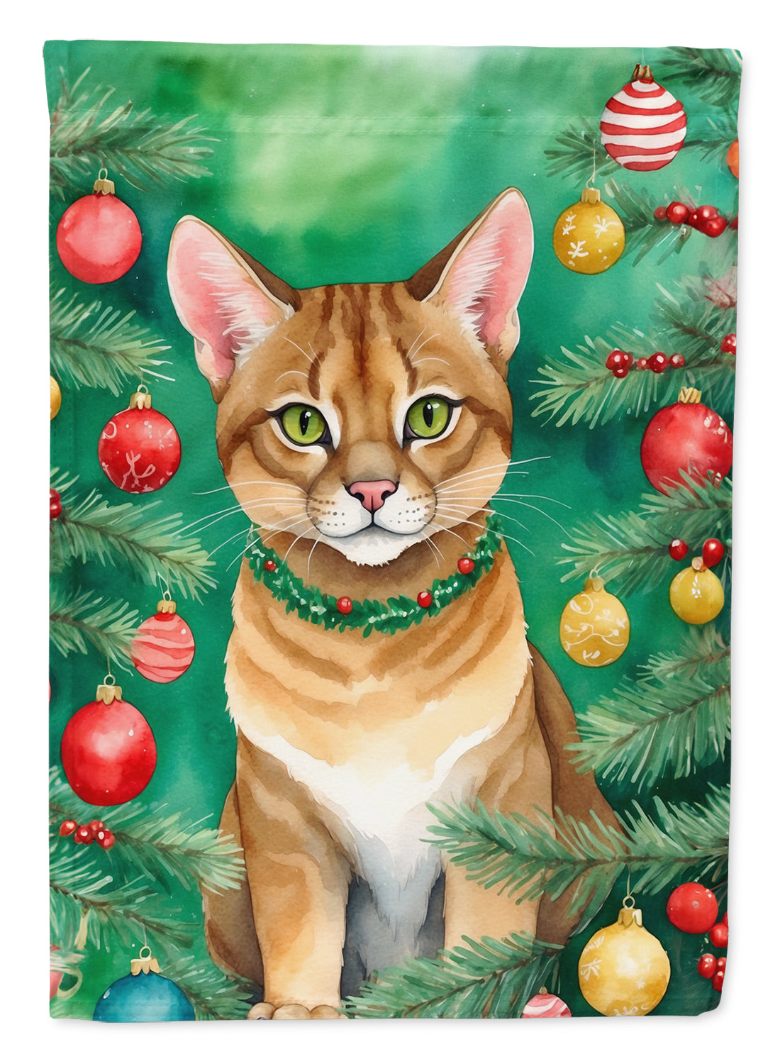 Chausie Cat By the Christmas Tree House Flag 28x40 Porch Sleeve Pole Decorative Outside Yard Banner Artwork Wall Hanging, Polyester